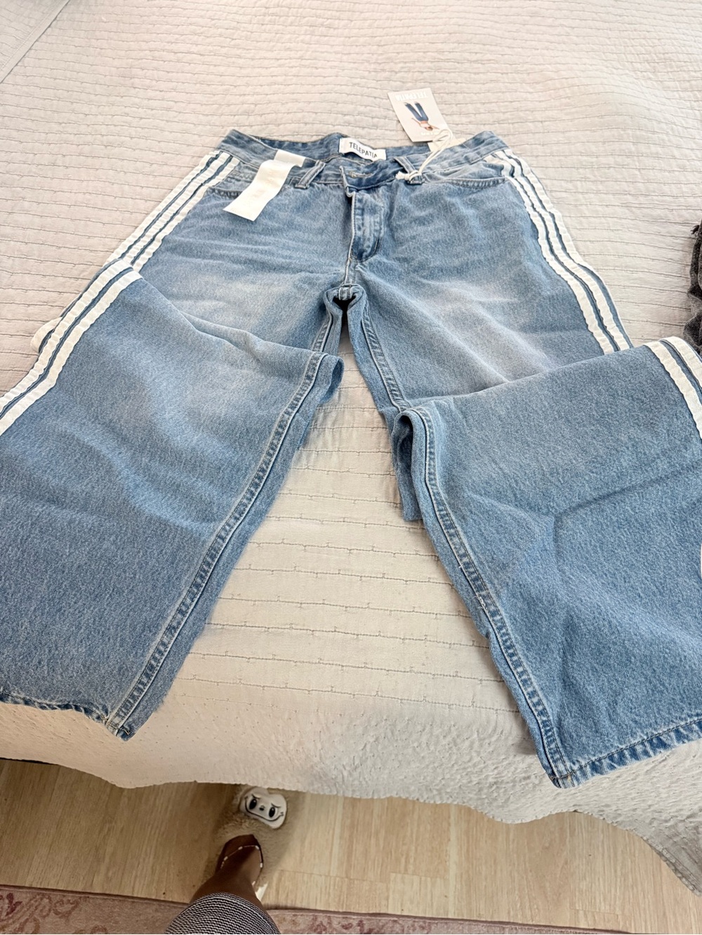 Light Blue Flared Jeans with White Side Stripes - Women's Wide Leg
